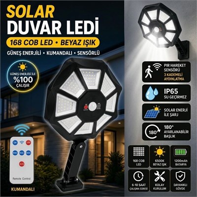 BUFFER® 168B Solar LED Büyük Dış Mekân Lambası, Hareket Sensörlü, Kumandalı, 3 Modlu Ultra Parlak COB Işık, Su Geçirmez Kablosuz Duvar Apliği