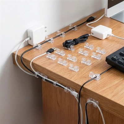 BUFFER® 20’li Şeffaf Kablo Tutucu Klips – Kendinden Yapışkanlı Masaüstü Kablo Düzenleyici Aparat