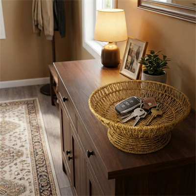 BUFFER® 25 cm Plastik Rattan Servis Çanağı – Doğal Hasır Görünümlü Dekoratif Meyve, Ekmek ve Sunum Kasesi