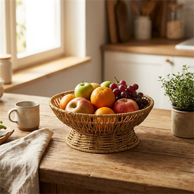 BUFFER® 25 cm Plastik Rattan Servis Çanağı – Doğal Hasır Görünümlü Dekoratif Meyve, Ekmek ve Sunum Kasesi