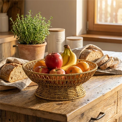 BUFFER® 25 cm Plastik Rattan Servis Çanağı – Doğal Hasır Görünümlü Dekoratif Meyve, Ekmek ve Sunum Kasesi