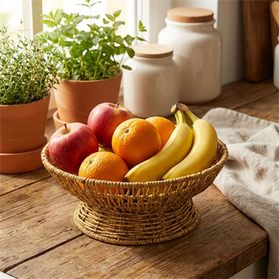 BUFFER® 28 cm Plastik Rattan Servis Çanağı – Doğal Hasır Görünümlü Dekoratif Meyve, Ekmek ve Sunum Kasesi