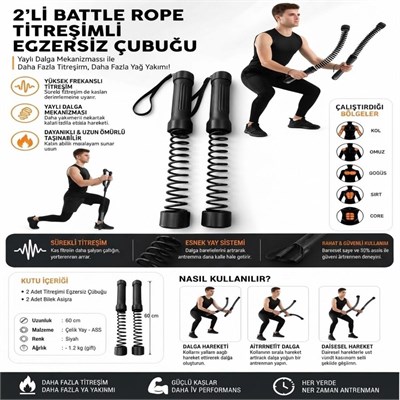 BUFFER® 2li Battle Rope Titreşimli Egzersiz Çubuğu, Yaylı Dalga Mekanizmalı Kol, Omuz, Göğüs, Sırt ve Core Antrenman Aleti