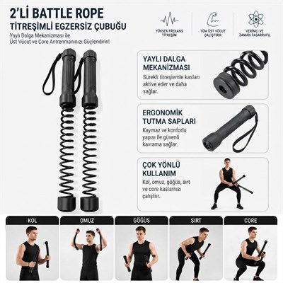 BUFFER® 2li Battle Rope Titreşimli Egzersiz Çubuğu, Yaylı Dalga Mekanizmalı Kol, Omuz, Göğüs, Sırt ve Core Antrenman Aleti