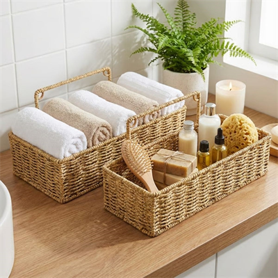 BUFFER® 2’li Duvar Askılı Plastik Rattan Organizer – Dikdörtgen Hasır Görünümlü Mutfak Raf Sepeti, Banyo ve Ev İçi Düzenleme Ünitesi