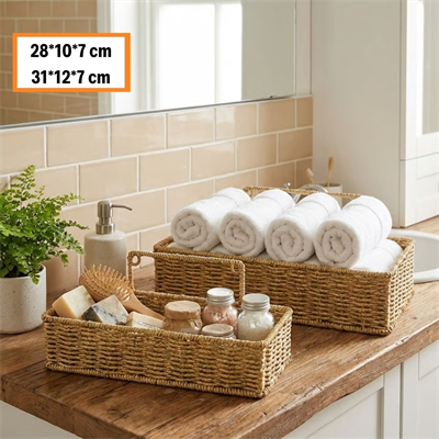BUFFER® 2’li Duvar Askılı Plastik Rattan Organizer – Dikdörtgen Hasır Görünümlü Mutfak Raf Sepeti, Banyo ve Ev İçi Düzenleme Ünitesi