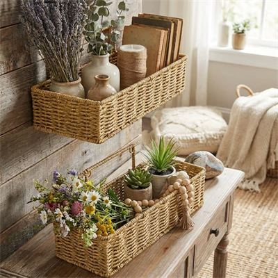 BUFFER® 2’li Duvar Askılı Plastik Rattan Organizer – Dikdörtgen Hasır Görünümlü Mutfak Raf Sepeti, Banyo ve Ev İçi Düzenleme Ünitesi