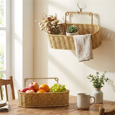 BUFFER® 2’li Duvar Askılı Plastik Rattan Organizer – Oval Hasır Görünümlü Mutfak Raf Sepeti, Banyo ve Ev İçi Düzenleme Ünitesi