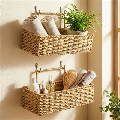 BUFFER® 2’li Duvar Askılı Plastik Rattan Organizer – Dikdörtgen Hasır Görünümlü Mutfak Raf Sepeti, Banyo ve Ev İçi Düzenleme Ünitesi