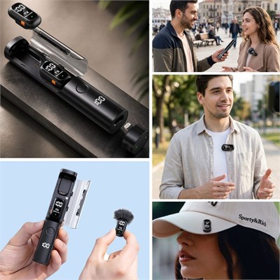 BUFFER® 2li Kablosuz Yaka Mikrofonu, Type-C Uyumlu, Gürültü Engelleme Özellikli ve Tripoda Takılabilir Dijital Şarj Göstergeli Telefon Mikrofon Seti