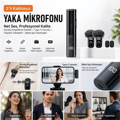 BUFFER® 2li Kablosuz Yaka Mikrofonu, Type-C Uyumlu, Gürültü Engelleme Özellikli ve Tripoda Takılabilir Dijital Şarj Göstergeli Telefon Mikrofon Seti