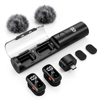 BUFFER® 2li Kablosuz Yaka Mikrofonu, Type-C Uyumlu, Gürültü Engelleme Özellikli ve Tripoda Takılabilir Dijital Şarj Göstergeli Telefon Mikrofon Seti
