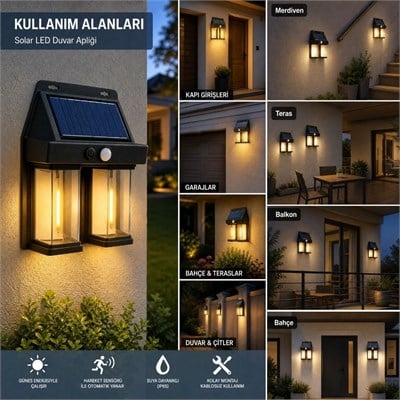 BUFFER® 2li Solar Güneş Enerjili LED Duvar Apliği, Hareket Sensörlü, Şarjlı, Kablosuz Dış Mekân Bahçe ve Kapı Lambası