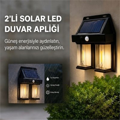 BUFFER® 2li Solar Güneş Enerjili LED Duvar Apliği, Hareket Sensörlü, Şarjlı, Kablosuz Dış Mekân Bahçe ve Kapı Lambası