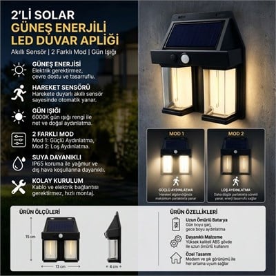 BUFFER® 2li Solar Güneş Enerjili LED Duvar Apliği, Hareket Sensörlü, Şarjlı, Kablosuz Dış Mekân Bahçe ve Kapı Lambası