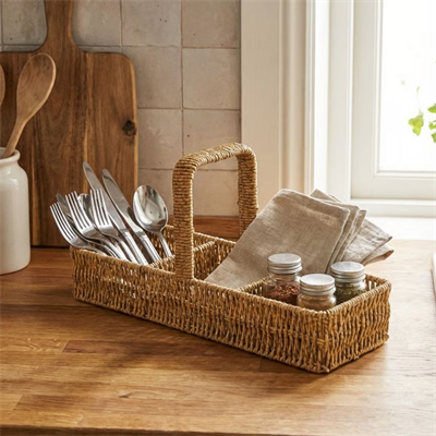 BUFFER® 3 Bölmeli Plastik Rattan Düzenleyici–Saplı Masaüstü Organizer, Mutfak Kaşık Çatal Sepeti, Banyo & Ofis Çok Amaçlı Sunum Standı