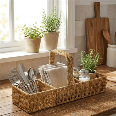 BUFFER® 3 Bölmeli Plastik Rattan Düzenleyici–Saplı Masaüstü Organizer, Mutfak Kaşık Çatal Sepeti, Banyo & Ofis Çok Amaçlı Sunum Standı