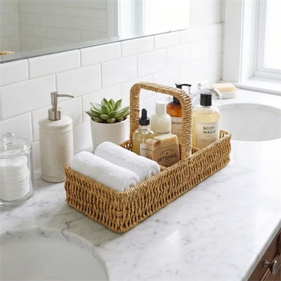 BUFFER® 3 Bölmeli Plastik Rattan Düzenleyici–Saplı Masaüstü Organizer, Mutfak Kaşık Çatal Sepeti, Banyo & Ofis Çok Amaçlı Sunum Standı