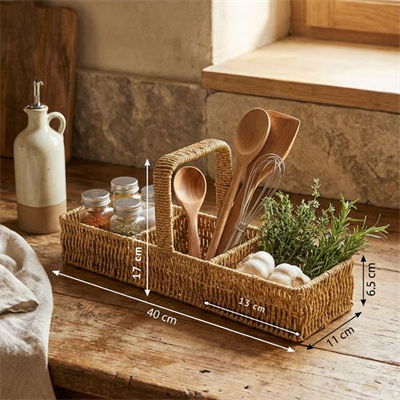 BUFFER® 3 Bölmeli Plastik Rattan Düzenleyici–Saplı Masaüstü Organizer, Mutfak Kaşık Çatal Sepeti, Banyo & Ofis Çok Amaçlı Sunum Standı