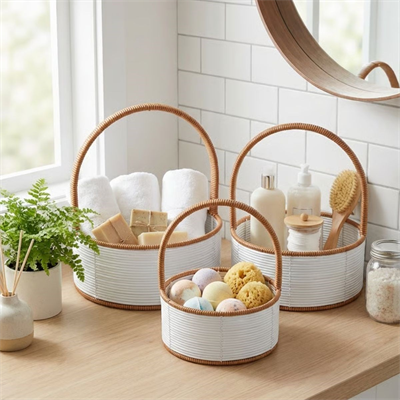 BUFFER® 3 Boy İç İçe Geçebilen Plastik Rattan Sepetler–Beyaz Renkli,Kahverengi Saplı, Çok Amaçlı Düzenleyici ve Sunum Sepeti Seti