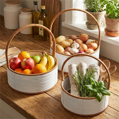 BUFFER® 3 Boy İç İçe Geçebilen Plastik Rattan Sepetler–Beyaz Renkli,Kahverengi Saplı, Çok Amaçlı Düzenleyici ve Sunum Sepeti Seti