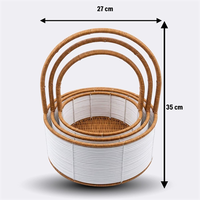 BUFFER® 3 Boy İç İçe Geçebilen Plastik Rattan Sepetler–Beyaz Renkli,Kahverengi Saplı, Çok Amaçlı Düzenleyici ve Sunum Sepeti Seti