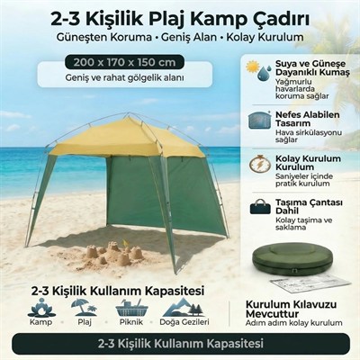 BUFFER® 3 Kişilik Yarı Otomatik Plaj ve Kamp Çadırı – 3 Tarafı Açık Gölgelik, Taşınabilir Plaj Tentesi, Piknik ve Outdoor Çardak 200x170x150 cm