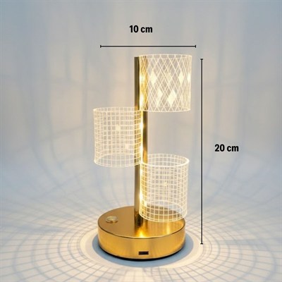 BUFFER® 3 Parça Silindirik Kristal Ekose Kareli LED Masa Lambası – Gold Gövdeli, Dokunmatik, 3 Kademe Işık Ayarlı Şarjlı Dekoratif Lamba