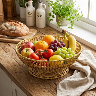 BUFFER® 31 cm Plastik Rattan Servis Çanağı – Doğal Hasır Görünümlü Dekoratif Meyve, Ekmek ve Sunum Kasesi