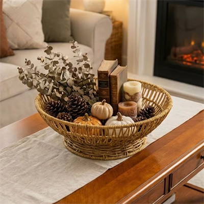 BUFFER® 31 cm Plastik Rattan Servis Çanağı – Doğal Hasır Görünümlü Dekoratif Meyve, Ekmek ve Sunum Kasesi