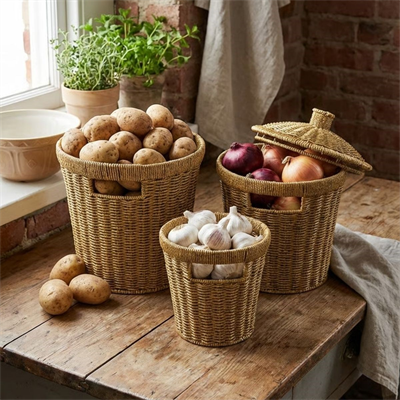 BUFFER® 3’lü İç İçe Geçebilen Büyük Plastik Rattan Hasır Sepet Seti-Dayanıklı Çok Amaçlı Ev,Banyo ve Mutfak Düzenleyici