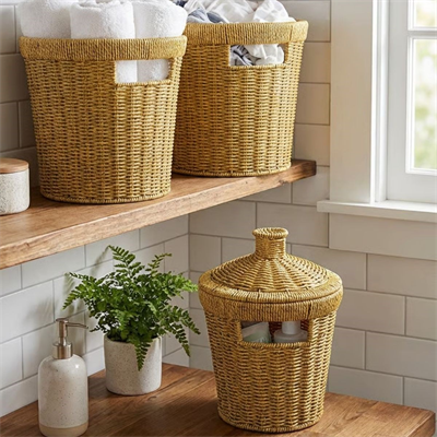 BUFFER® 3’lü İç İçe Geçebilen Büyük Plastik Rattan Hasır Sepet Seti-Dayanıklı Çok Amaçlı Ev,Banyo ve Mutfak Düzenleyici