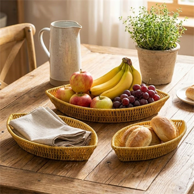 BUFFER® 3’lü Kayık Formlu Plastik Rattan Sepet Seti–Hasır Görünümlü Ekmek, Meyve ve Sunum Sepetleri, Çok Amaçlı Masaüstü Organizer