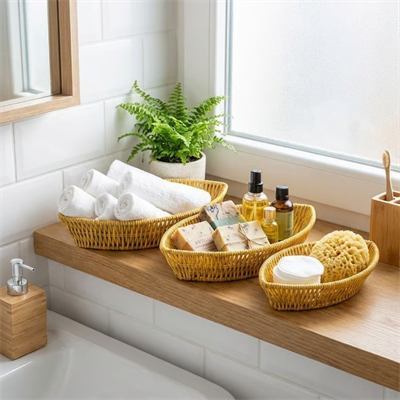 BUFFER® 3’lü Kayık Formlu Plastik Rattan Sepet Seti–Hasır Görünümlü Ekmek, Meyve ve Sunum Sepetleri, Çok Amaçlı Masaüstü Organizer