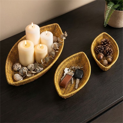 BUFFER® 3’lü Kayık Formlu Plastik Rattan Sepet Seti–Hasır Görünümlü Ekmek, Meyve ve Sunum Sepetleri, Çok Amaçlı Masaüstü Organizer