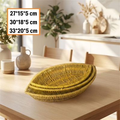 BUFFER® 3’lü Kayık Formlu Plastik Rattan Sepet Seti–Hasır Görünümlü Ekmek, Meyve ve Sunum Sepetleri, Çok Amaçlı Masaüstü Organizer