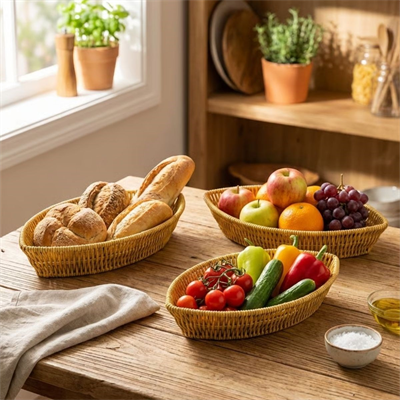 BUFFER® 3’lü Kayık Formlu Plastik Rattan Sepet Seti–Hasır Görünümlü Ekmek, Meyve ve Sunum Sepetleri, Çok Amaçlı Masaüstü Organizer