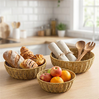 BUFFER® 3’lü Plastik Rattan Çanak Seti – Hasır Görünümlü İç İçe Geçebilen Sunum ve Düzenleme Kaseleri, Mutfak & Masaüstü Çok Amaçlı Organizer