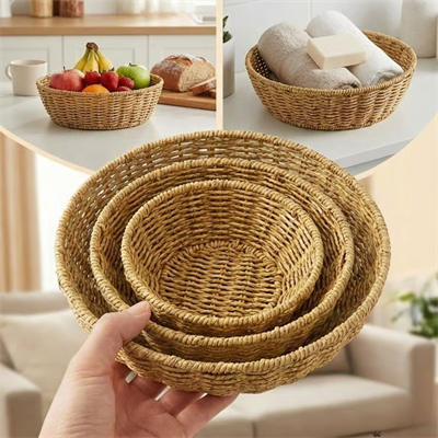 BUFFER® 3’lü Plastik Rattan Çanak Seti – Hasır Görünümlü İç İçe Geçebilen Sunum ve Düzenleme Kaseleri, Mutfak & Masaüstü Çok Amaçlı Organizer