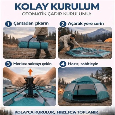 BUFFER® 4 Kişilik Otomatik Kamp Çadırı – Altıgen Tasarım, Çift Kapılı, Suya Dayanıklı, Hızlı Kurulumlu Geniş Aile Outdoor Çadırı 240x240x160 cm