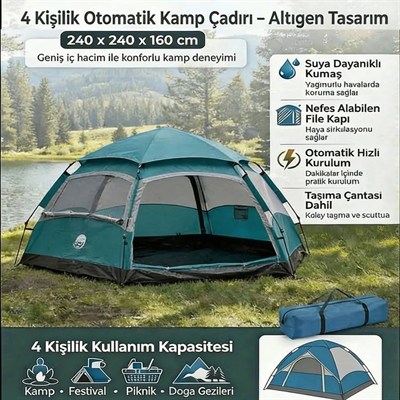 BUFFER® 4 Kişilik Otomatik Kamp Çadırı – Altıgen Tasarım, Çift Kapılı, Suya Dayanıklı, Hızlı Kurulumlu Geniş Aile Outdoor Çadırı 240x240x160 cm
