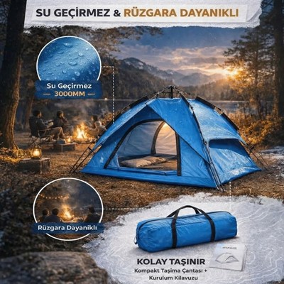BUFFER® 4 Kişilik Otomatik Kamp Çadırı – Çift Katmanlı, Suya Dayanıklı, Hızlı Kurulum Outdoor Aile ve Doğa Çadırı 200x200x140 cm