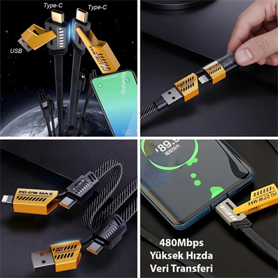 BUFFER® 4in1 65W Hızlı Şarj Kablosu – Type-C to USB-A + Type-C to Lightning, 27W PD Destekli Çoklu Şarj Kablo