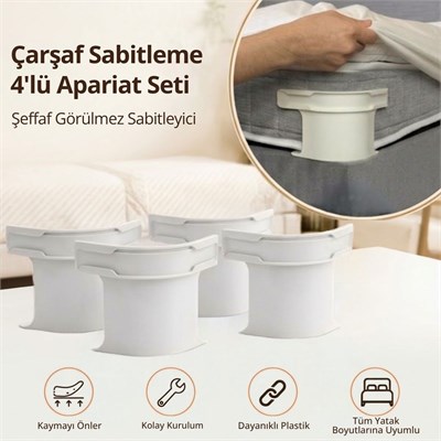 BUFFER® 4lü Çarşaf Sabitleyici Kaydırmaz Aparat, Dört Köşeden Kilitleyen Şeffaf Akıllı Çarşaf Tutucu Sistem