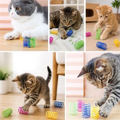 BUFFER® 4lü Renkli Spiral Yay Kedi Oyuncağı, Esnek ve Hareketli Eğlenceli Kedi Oyun Seti