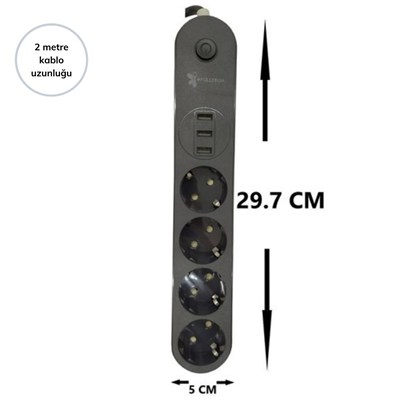 BUFFER® 4lü Siyah Anahtarlı 3 USB Li Akım Korumalı Topraklı Çocuk Korumalı Grup Priz 2 Metre