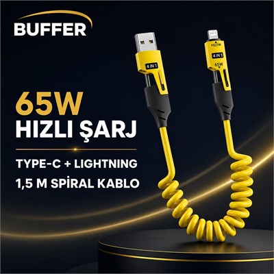 BUFFER® 4ü 1 Arada Esnek Spiral Hızlı Şarj Kablosu, Araç İçi Yaylı Kablo, Type-C ve Lightning Uyumlu Çoklu Şarj Kablosu