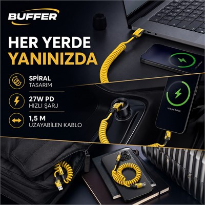 BUFFER® 4ü 1 Arada Esnek Spiral Hızlı Şarj Kablosu, Araç İçi Yaylı Kablo, Type-C ve Lightning Uyumlu Çoklu Şarj Kablosu