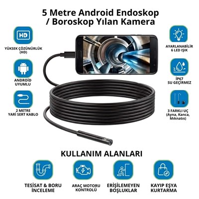 BUFFER® 5 Metre Android Telefon Uyumlu 6 LED Işıklı Su Geçirmez Endoskop / Boroskop Yılan Kamera HD