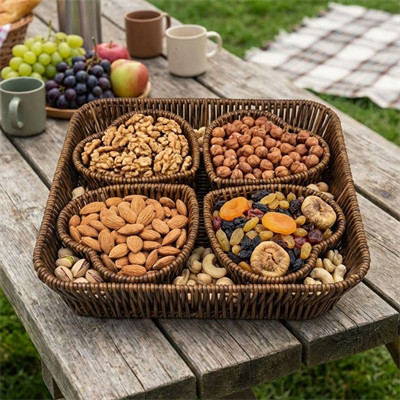 BUFFER® 5 Parça,4 Kalp Formlu Plastik Rattan Sunum ve Kahvaltı Seti-Bölmeli Çerezlik ve Meyvelik-Doğal Hasır Görünümlü Tepsi ve Sunum Tabakları